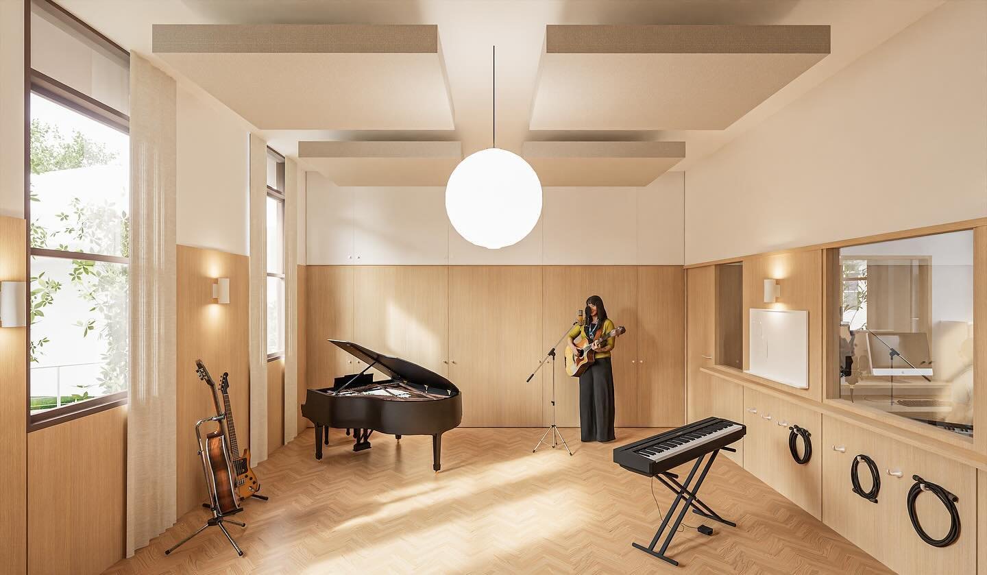 The adaptive reuse of a storage building into a recording studio for Bulli High School has been an exciting and unique project for us! This concept focuses on both economical design and a creative environment, serving not only the school&rsquo;s musi