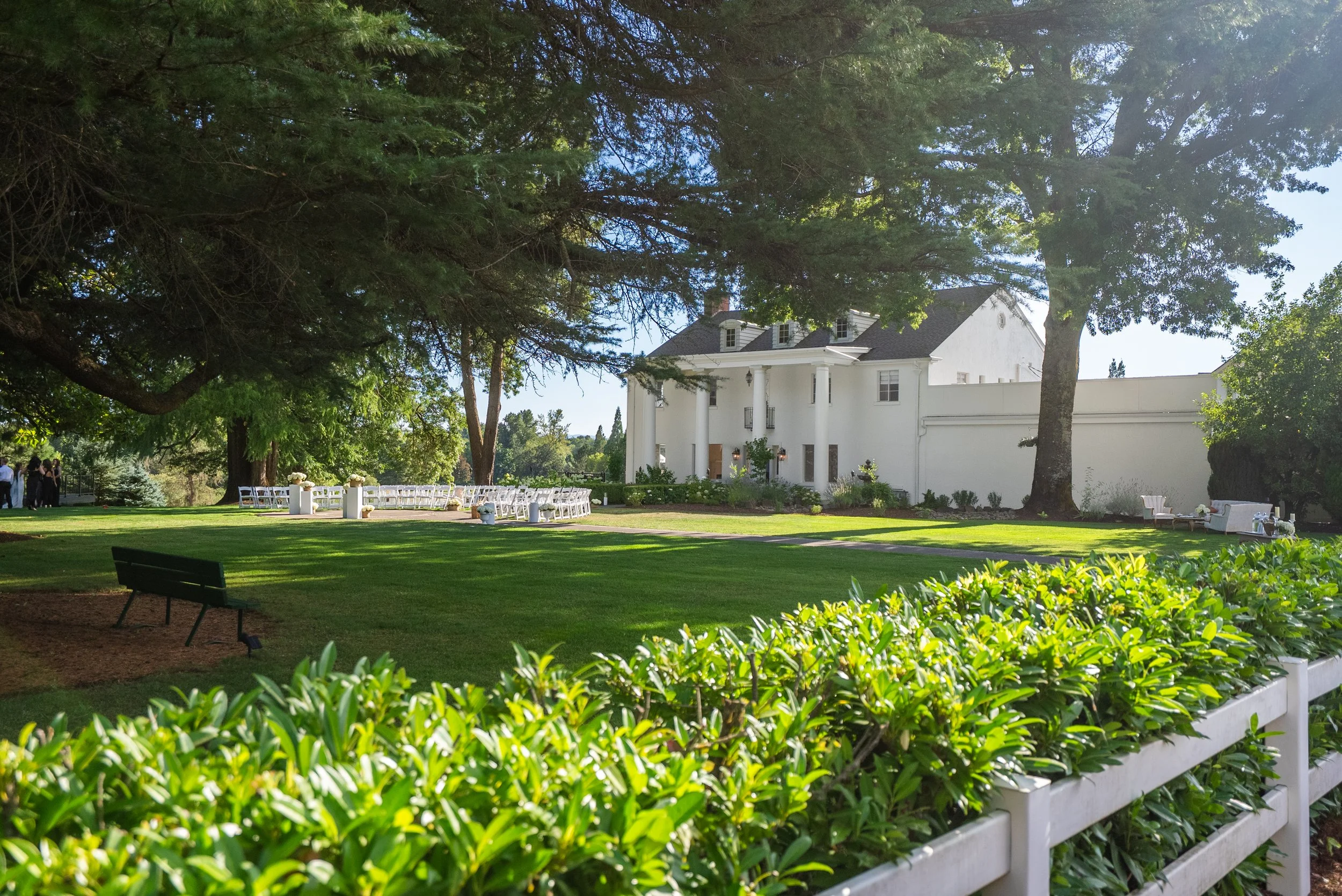 A backyard with a swimming pool, lounge chairs, trees, desert plants, and a modern house with an outdoor sitting area.