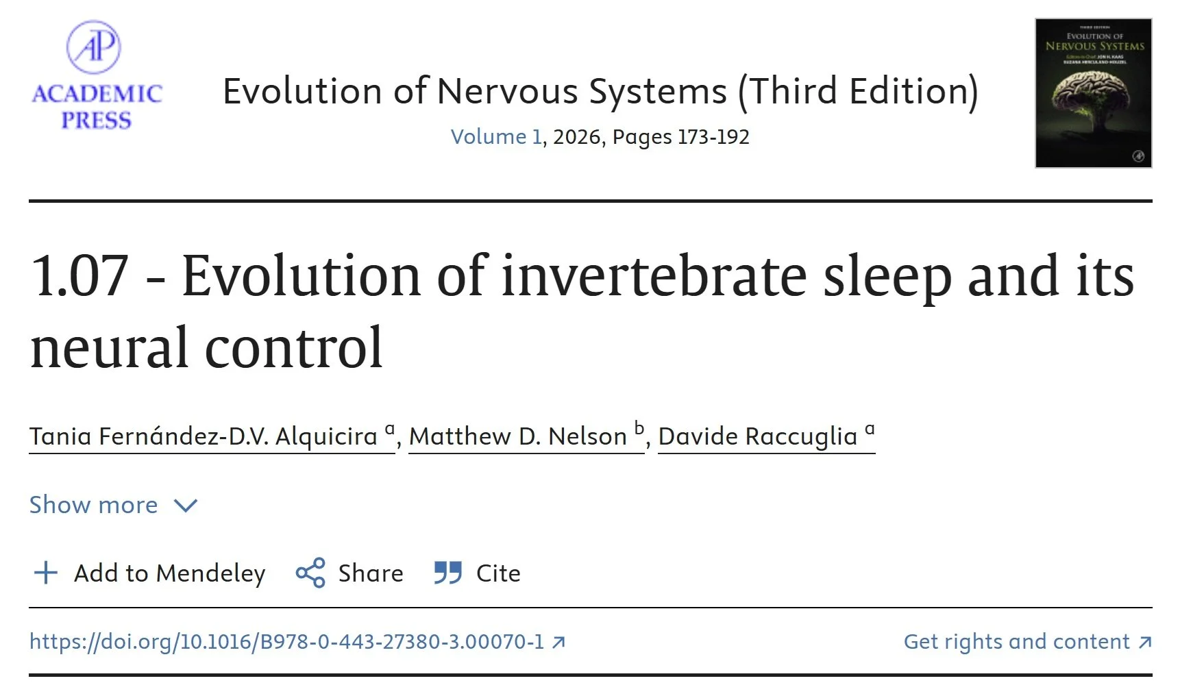 New Book Chapter about the evolution of invertebrate sleep and nervous systems. A collaborative project with Tania Fernández-D.V. Alquicira and Davide Raccuglia