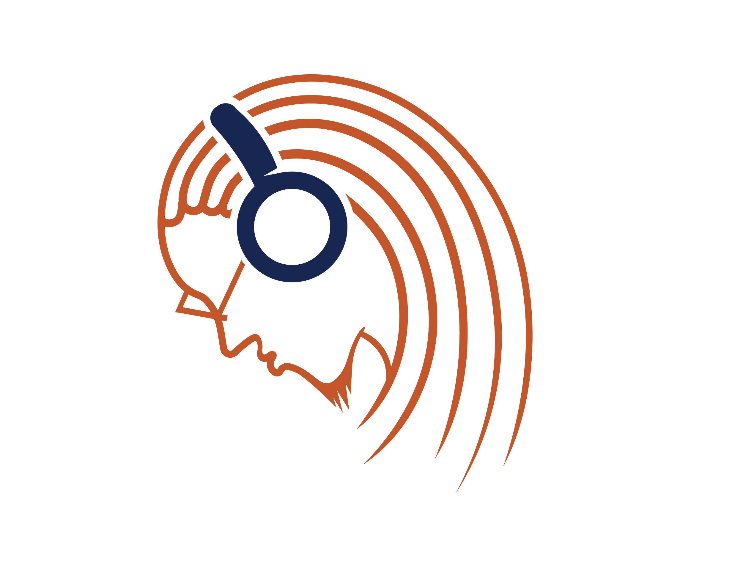 A stylized outline of a person's head wearing headphones, with sound waves radiating outward from the head.