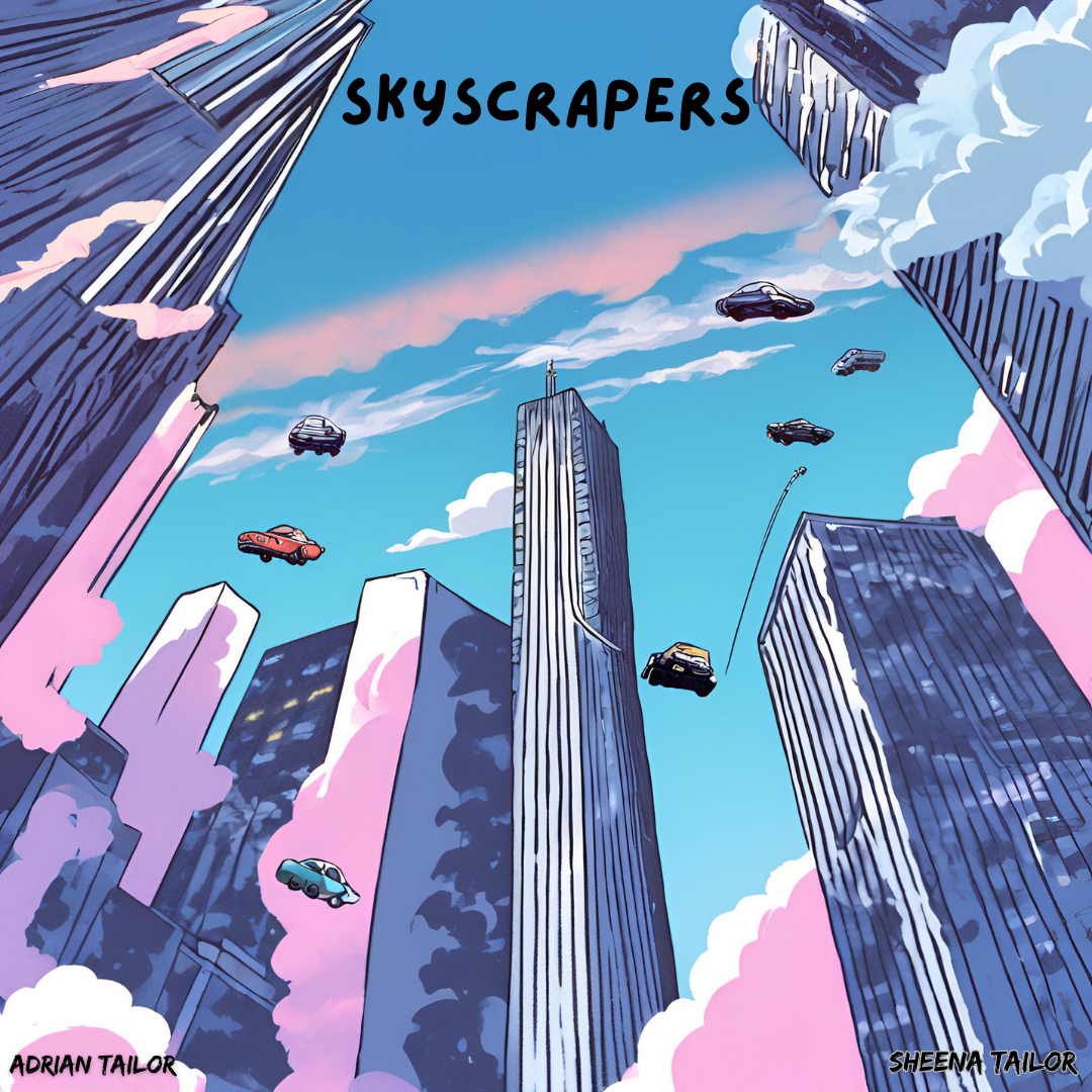 Illustration of skyscrapers in a city with flying cars in the sky, under a blue sky with pink clouds, labeled 'Skyscrapers'.