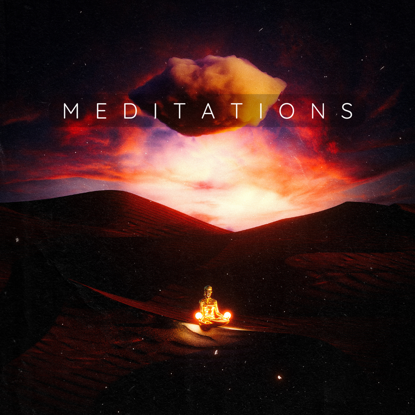 A surreal digital artwork of a meditating figure in a glowing golden color, sitting in a lotus pose on a dark red desert landscape under a dramatic sky with a large cloud and vibrant sunset hues. The word 'Meditations' is overlaid across the sky.
