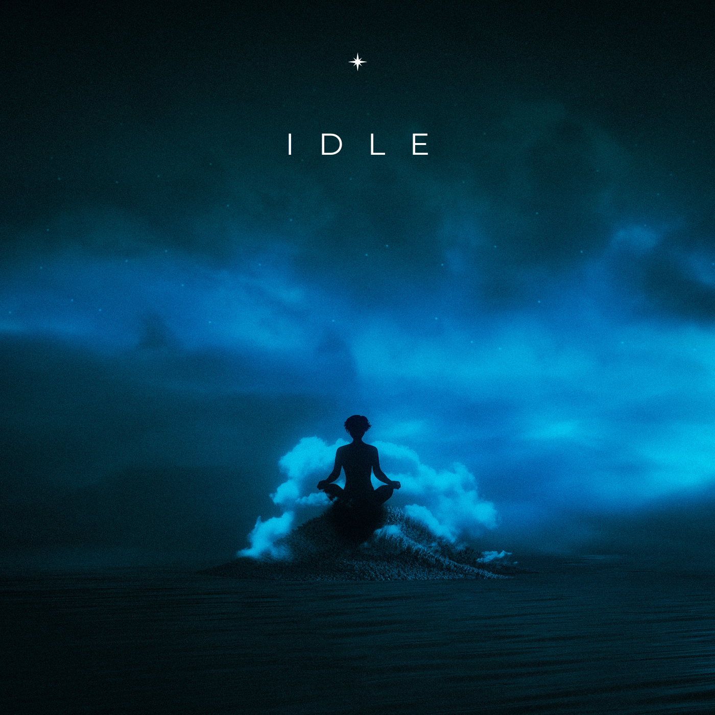 Silhouette of a person meditating on a small island surrounded by clouds in a night sky with stars and the word 'IDLE' at the top.