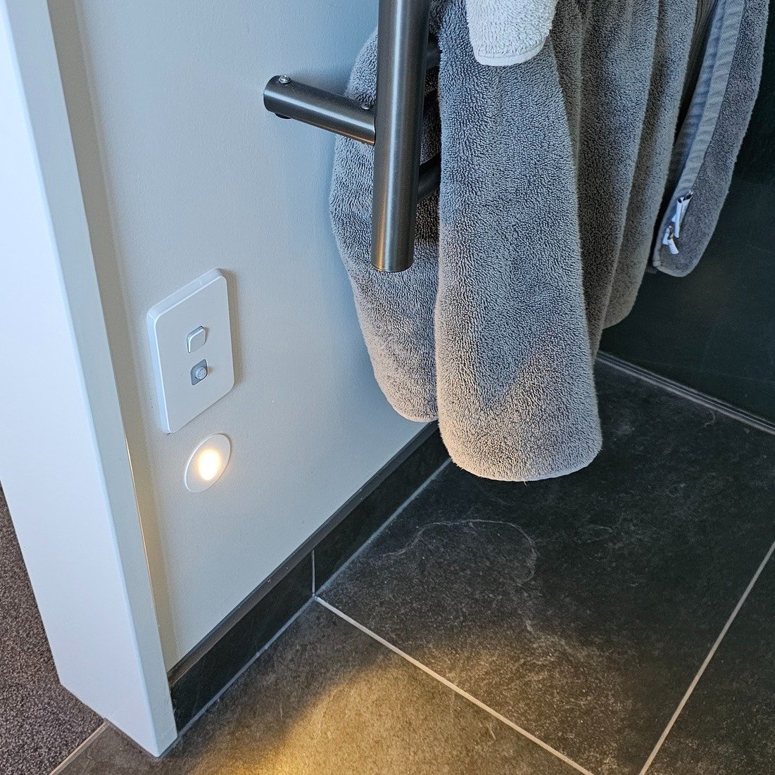 No more blinding lights in the middle of the night! 💡
We installed this tread light, controlled by a sensor in the switch plate above, meaning the light will automatically come on giving just enough light to use the toilet without being blinding. Ho