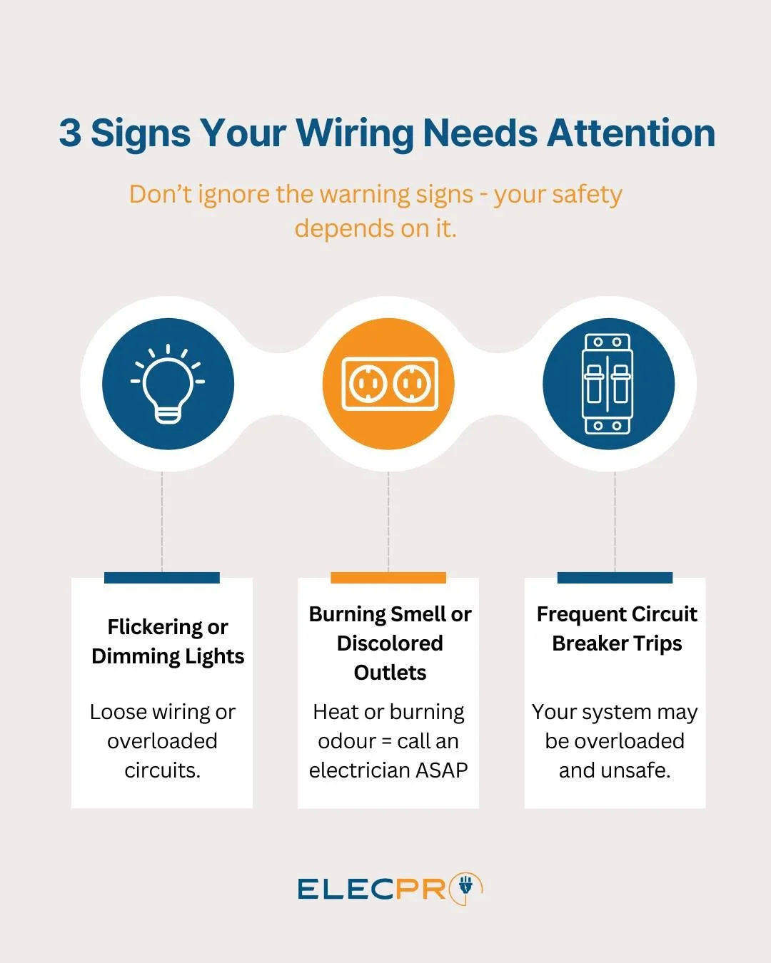 Is your wiring trying to tell you something?

Flickering lights, burning smells, or constant breaker trips aren&rsquo;t just inconveniences, they&rsquo;re warning signs.

Keep your home and business safe with ElecPro.

📞 Call us today to book a wiri