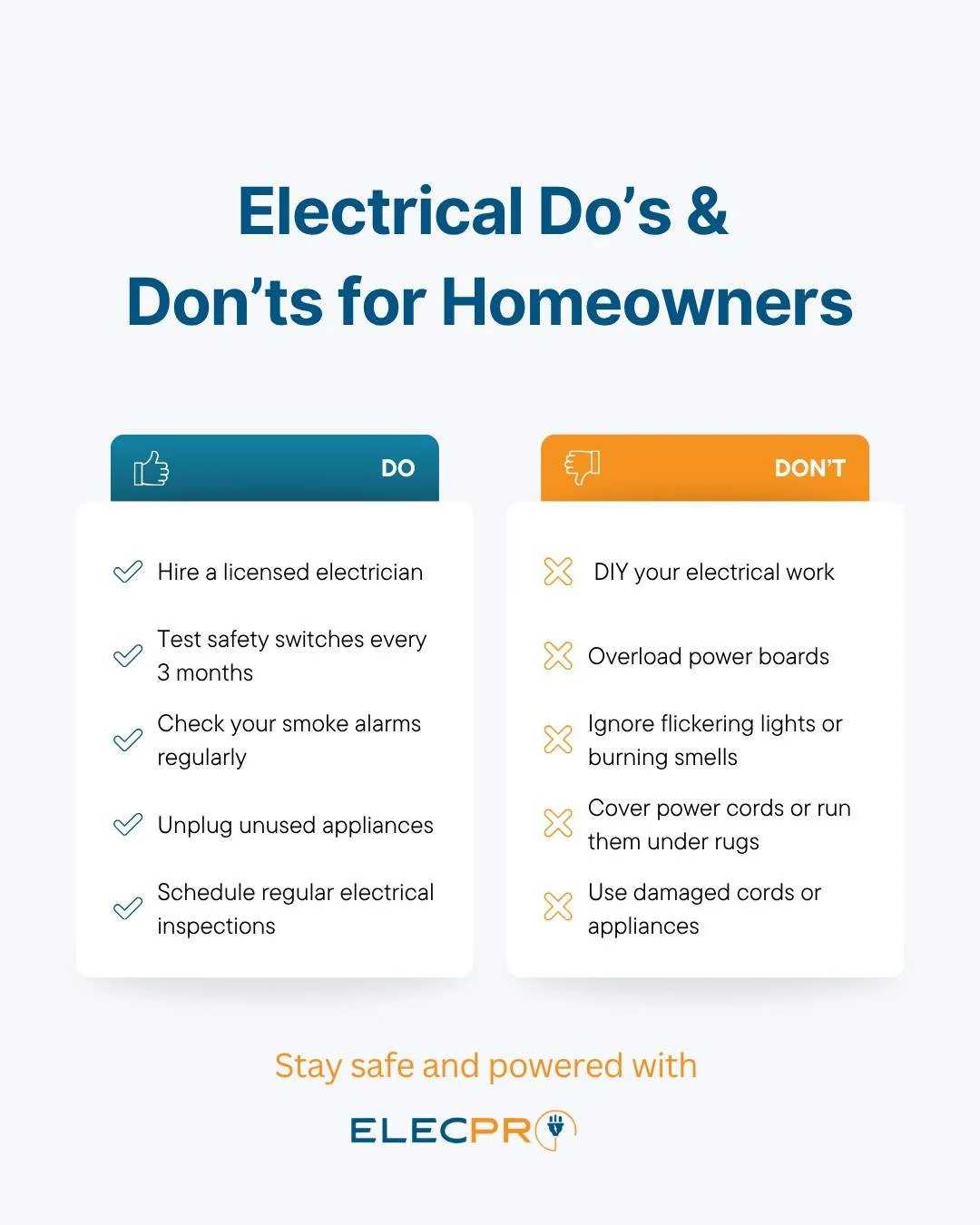 A few smart habits can protect your home (and your peace of mind).

From testing safety switches to avoiding DIY fixes - knowing what to do and what not to do makes all the difference.

Book your home electrical safety check with ElecPro today!
&bull