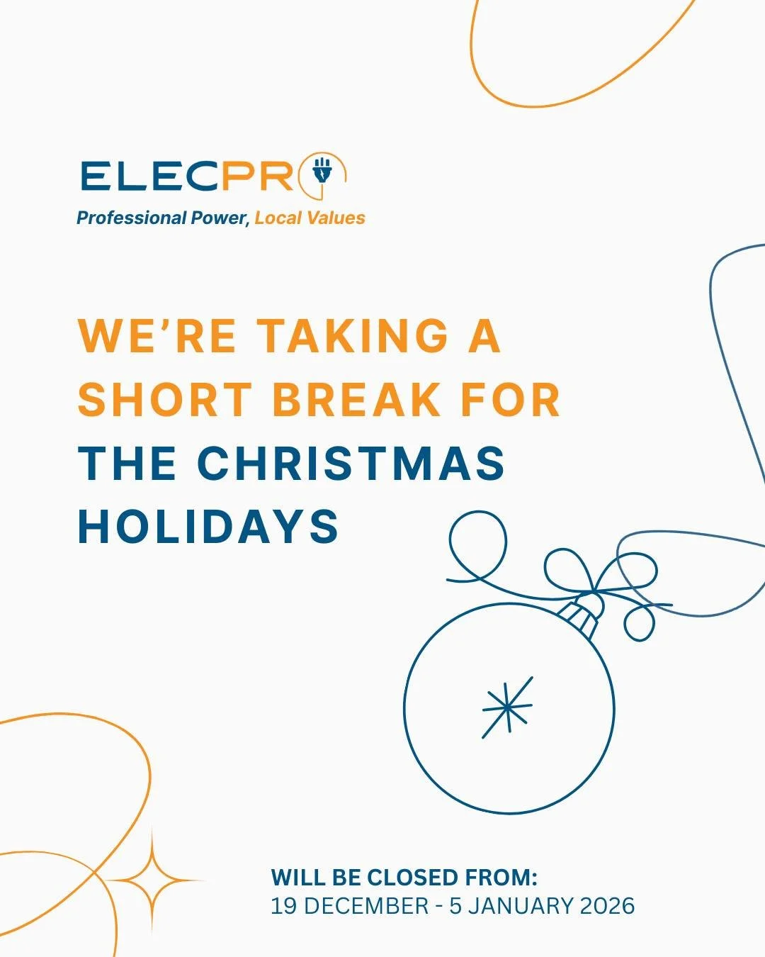 Heads up! ElecPro is taking a Christmas break from 19 December to 5 January 2026.

Our team will be back refreshed and ready to go in the new year ⚡️
&bull;
&bull;
&bull;
&bull;
#elecpro #electrician #electricalservices #licensedelectrician #northcan