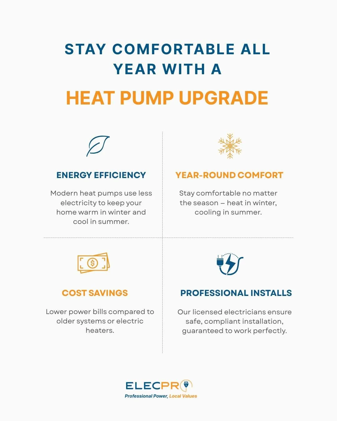 Upgrade your home with a modern heat pump. Energy-efficient, cost-saving, and perfect year-round comfort.

Book your professional installation with ElecPro today!
📞 0800 353277
📧 info@elecpro.co.nz
 &bull;
&bull;
&bull;
&bull;
#elecpro #electrician