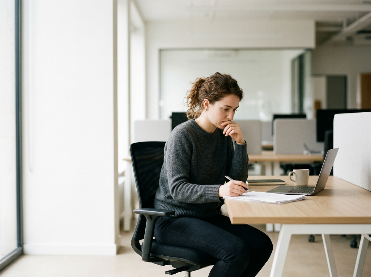Vrouw die zich onzeker voelt op werk en achter haar bureau zit.