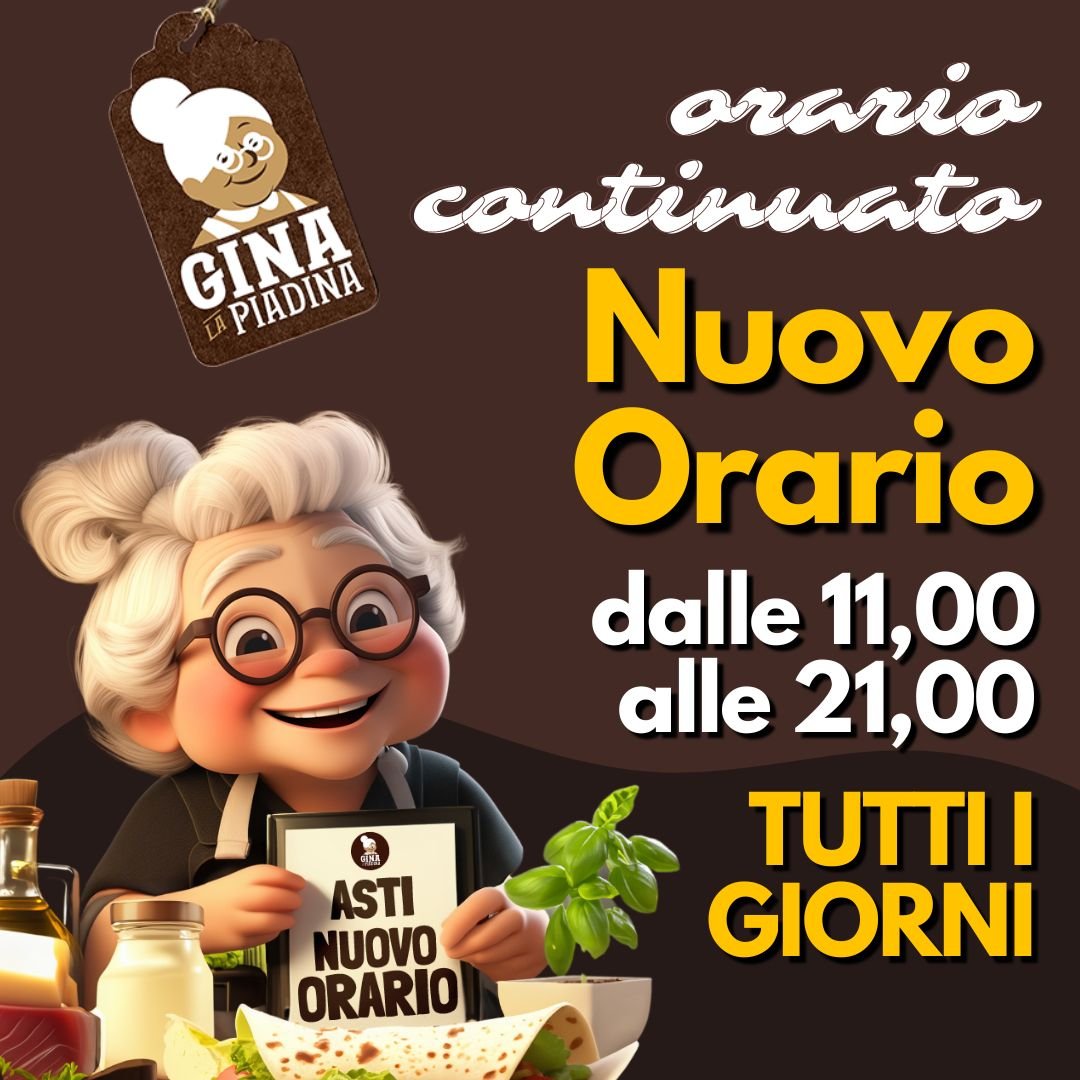 𝘿𝙖 𝙤𝙜𝙜𝙞 𝙣𝙪𝙤𝙫𝙤 𝙤𝙧𝙖𝙧𝙞𝙤... ⏰📣
Da oggi l'orario di Gina la Piadina ad Asti cambia: 😍 
𝐎𝐫𝐚𝐫𝐢𝐨 𝐜𝐨𝐧𝐭𝐢𝐧𝐮𝐚𝐭𝐨 𝐓𝐔𝐓𝐓𝐈 𝐈 𝐆𝐈𝐎𝐑𝐍𝐈: 
Dalle 11:00 alle 21:00
.
Preso nota? 😜
Ottimo...allora vi aspettiamo da Gina!
.
🥰
🥙
