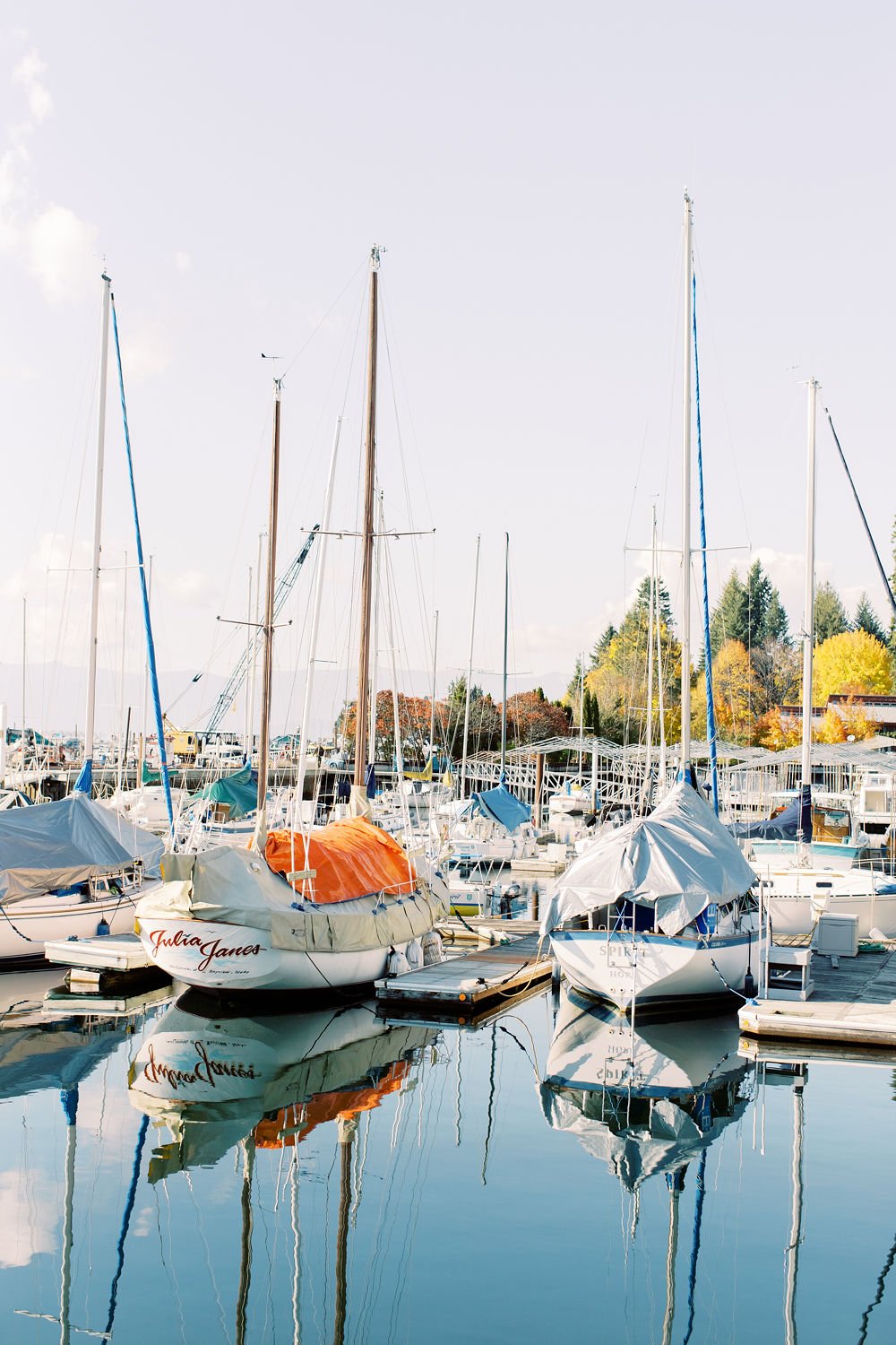 Boats docked at a marina with colorful trees in the background