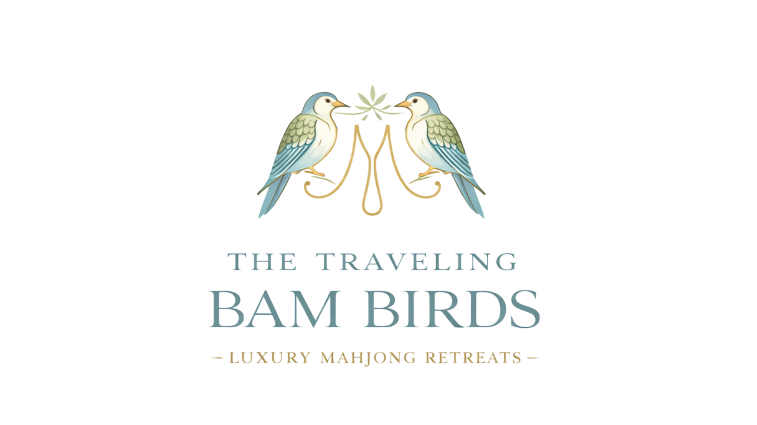 Logo featuring two stylized blue and green birds facing each other, separated by a small green leaf, with the text "The Traveling Bam Birds - Luxury Mahjong Retreats" below.