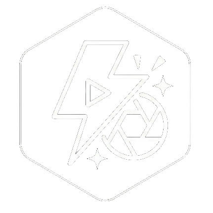 Line drawing of a lightning bolt and a play button, surrounded by stars, inside a hexagon outline.