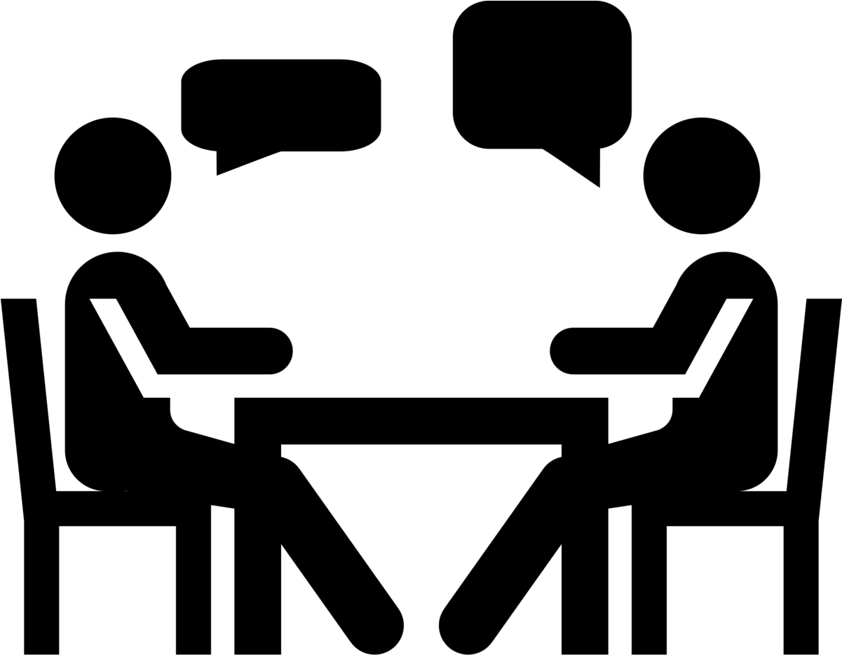 Black-and-white clipart of two people having a meeting.