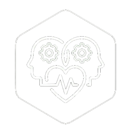 Minimalist line art of two human heads with gears inside, a heart with an heartbeat line connecting them, in a hexagon outline on a black background.
