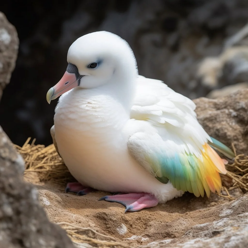 This is a baby albatross. A rainbow baby Albatross.

&ldquo; [&hellip;] Gok said I was simple and guileless while Ben compared me to a baby albatross. Ben is onto something. I could be quite graceful once I&rsquo;m in the air. Even if taking off is a