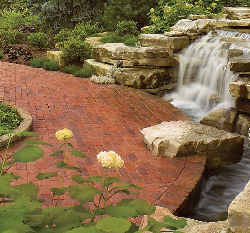 Brick Paver Patio; Multi-Tiered Brick Paver Patio; Brick Paver Steps; Stone Cascading Waterfall with Ledgerock; Brick Paver Retaining Wall; Ledge Rock Retaining Wall; Brick Paver (Oaks) Patio, Brick Paver Garden Wall, Landscaping and Landscape Lighti