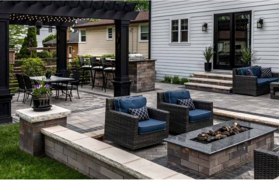 Brick Paver Patio; Pergola; Brick Paver Retaining Wall; Brick Paver Seat Wall; Brick Paver Firepit; Brick Paver Outdoor Kitchen; Brick Paver Steps; Multi-Tiered Brick Paver Patio; Brick Paver Pillars; Landscaping & Landscape Lights - Unilock Lineo Di