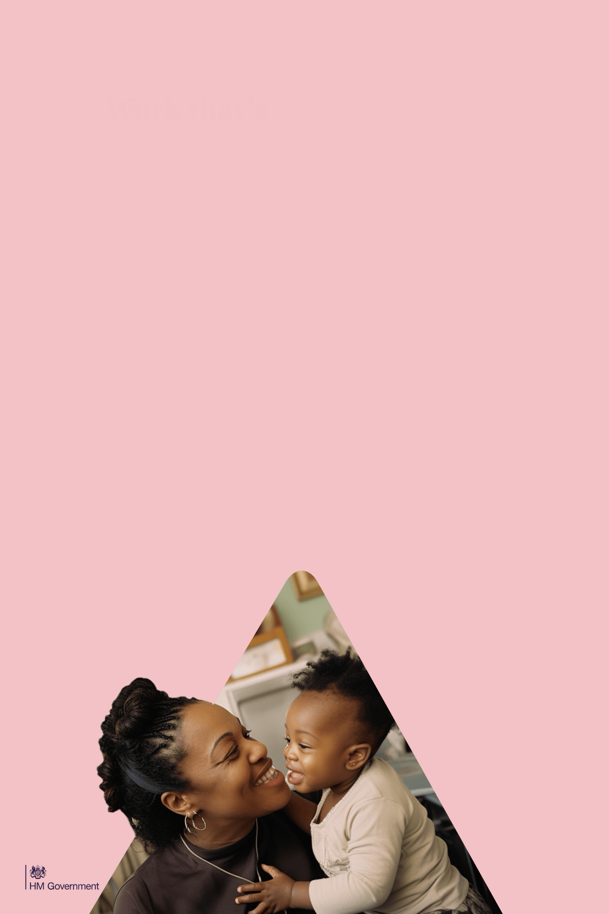 A woman and a young girl are smiling and looking at each other affectionately, inside a triangular cutout on a pink background.