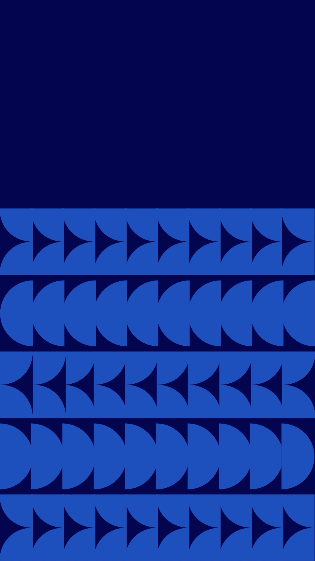 An abstract geometric pattern with horizontal rows of blue semicircles and arrow-like shapes on a dark blue background.