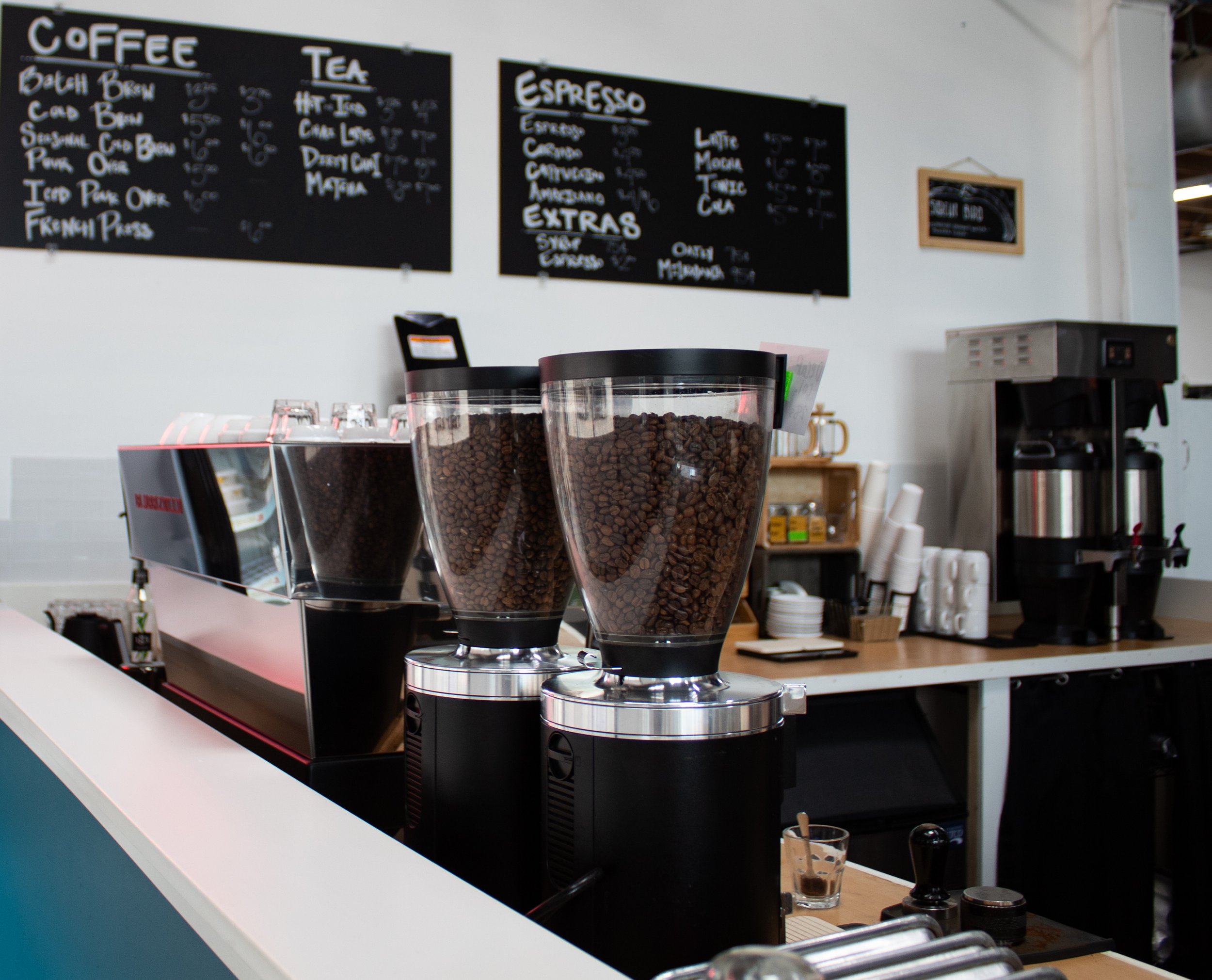 JBird Supply coffee shop in the Linen Building in the belmont hogwaller neighborhood with house roasted beans.