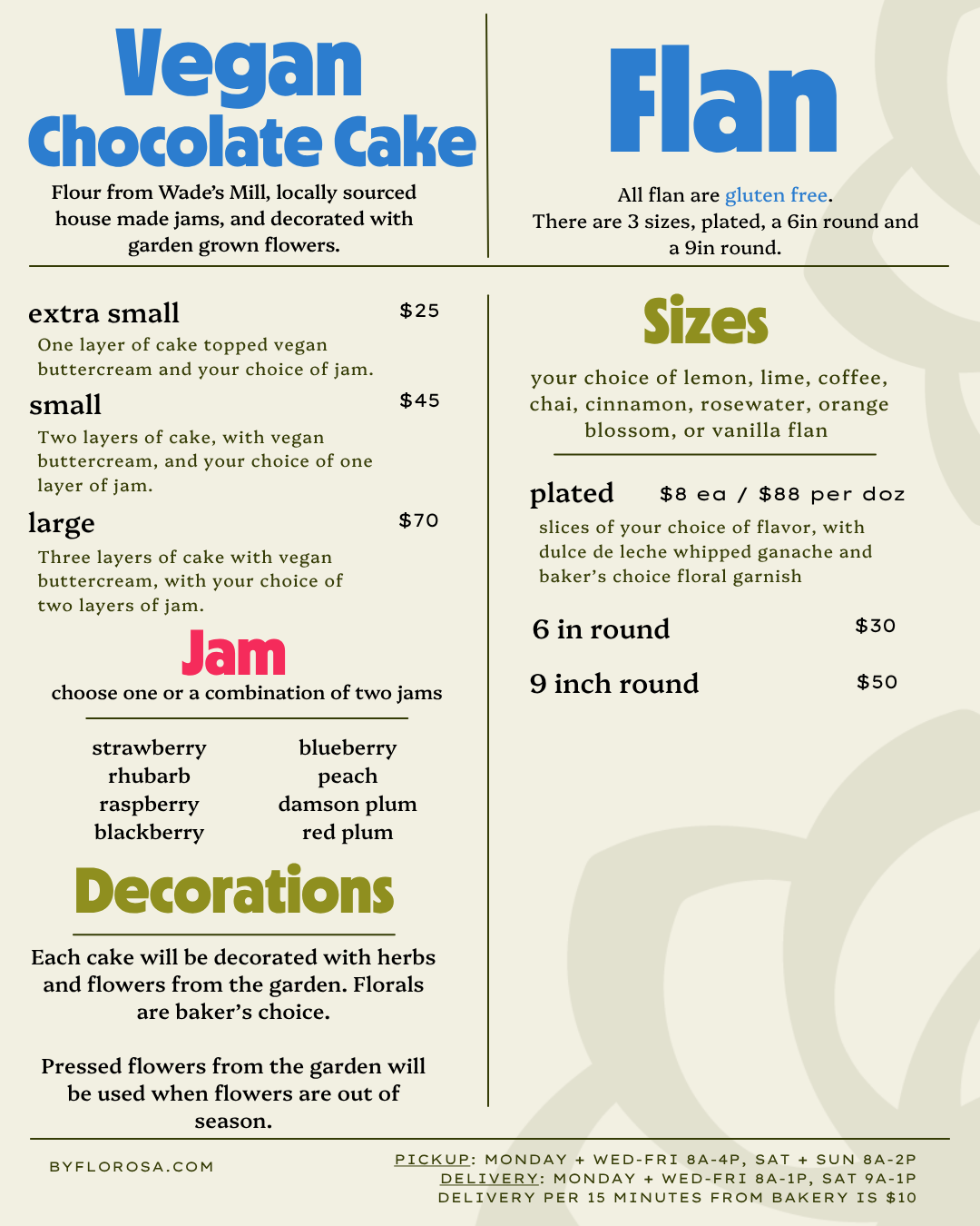 A menu listing vegan chocolate cake with various sizes, flavors of flan, and decorative options, including herbs and garden flowers.