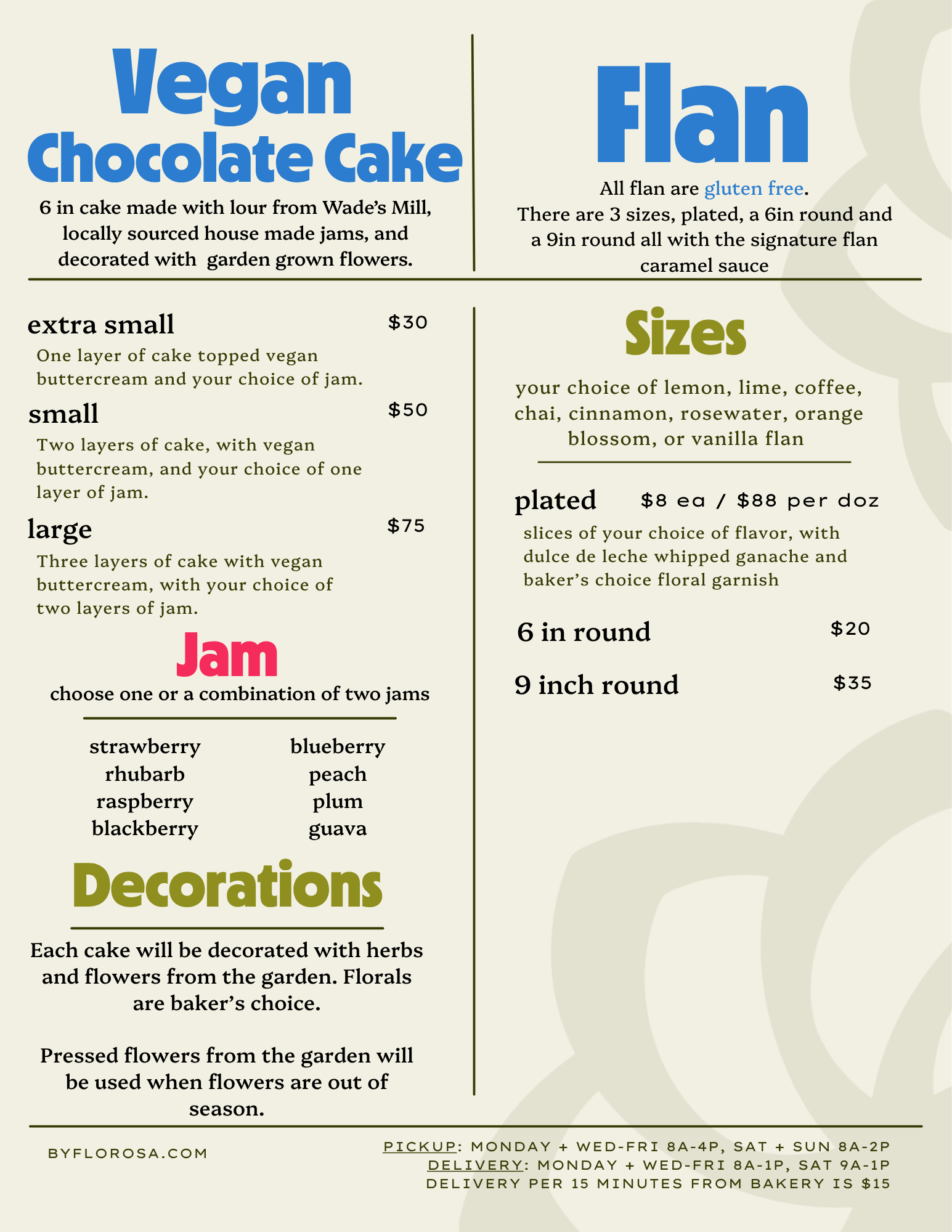 A menu for vegan chocolate cake, flan, jam, and decorations, with details about flavors, sizes, prices, and ordering options.