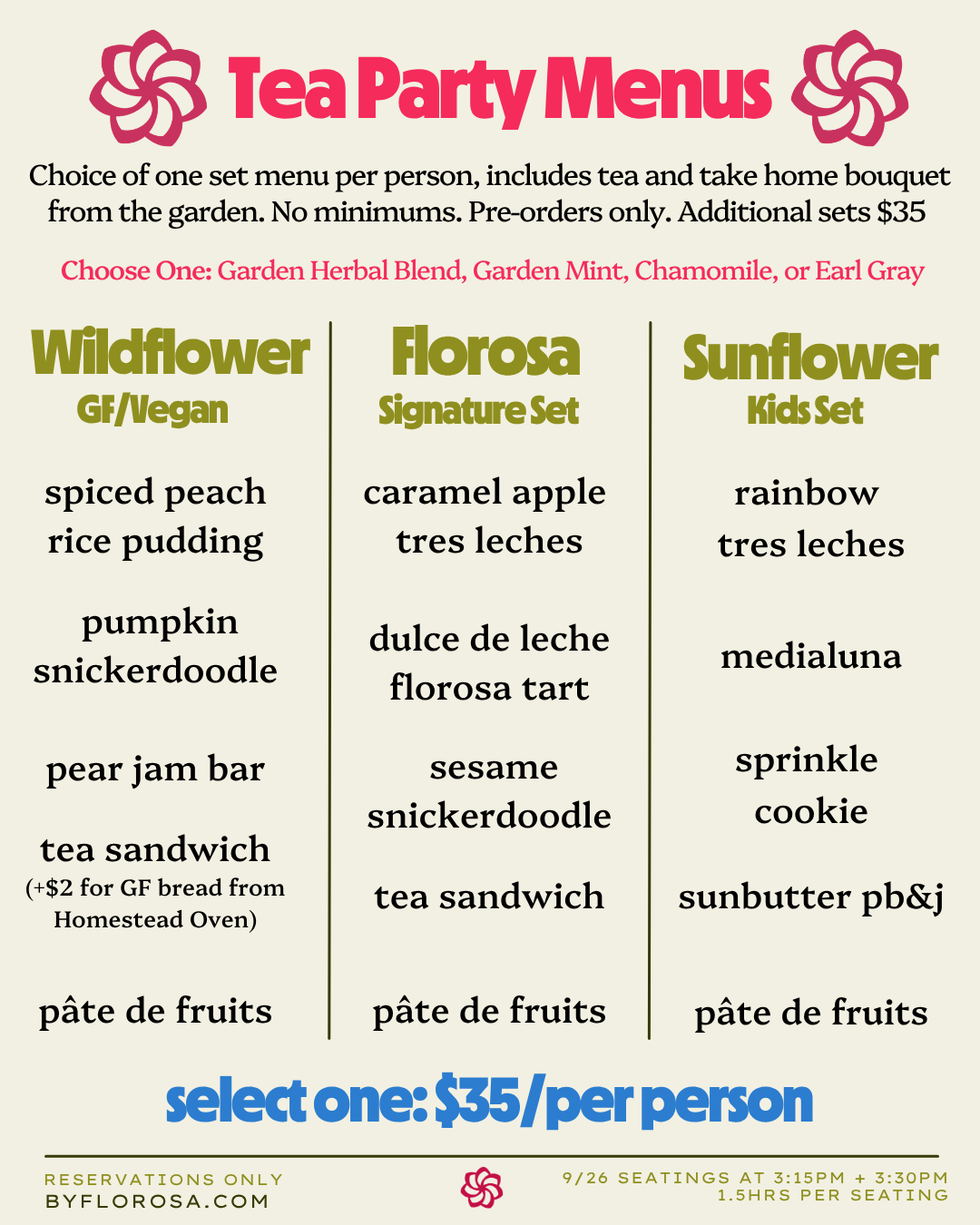 Menu titled 'Tea Party Menus' with options for Wildflower, Florosa, and Sunflower tea sets, including descriptions of each set's items and prices, with reservation information at the bottom.