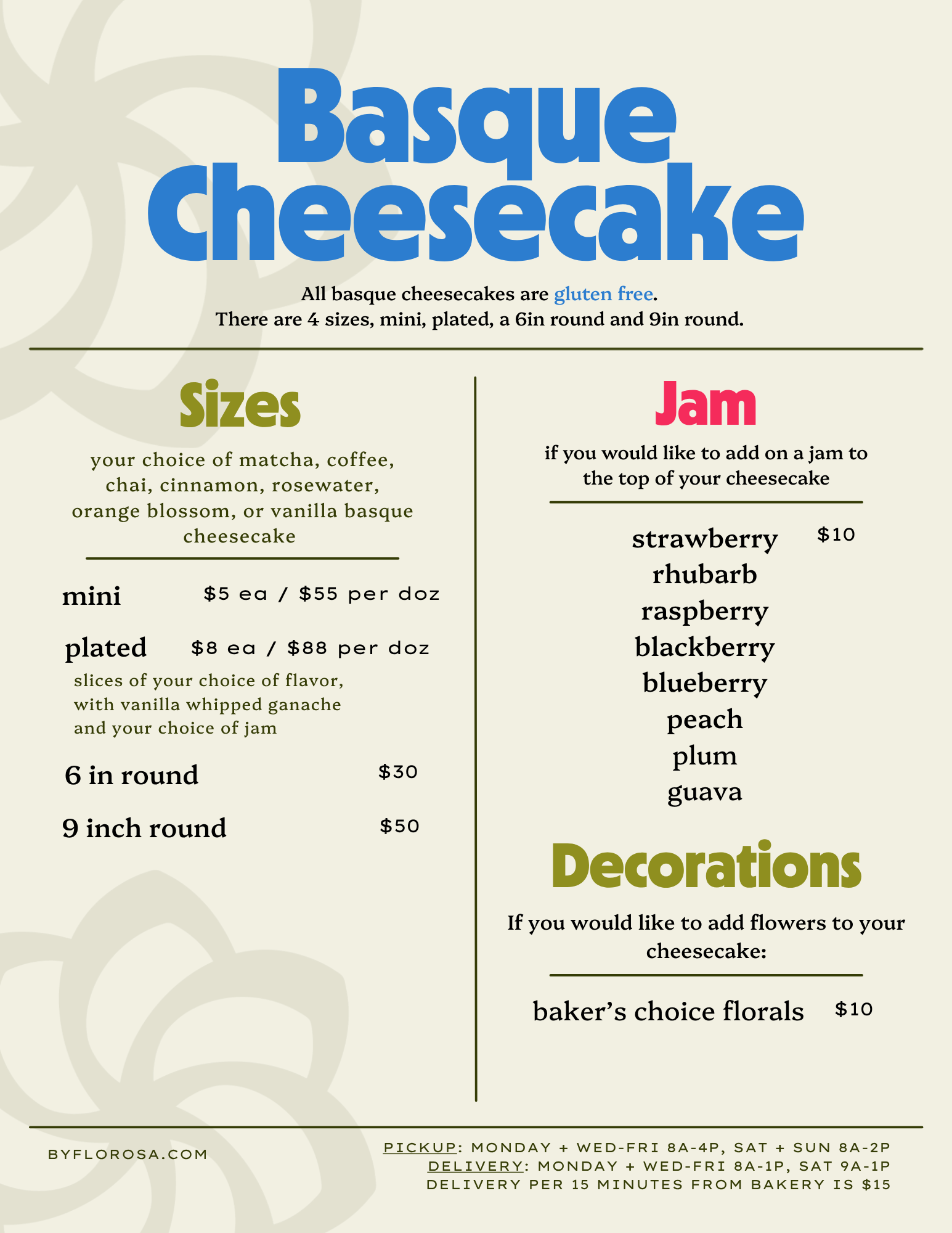 Menu for Basque cheesecake with options for sizes, flavors, and toppings, including jellies and decorations, with pickup and delivery details in Charlottesville, Virginia