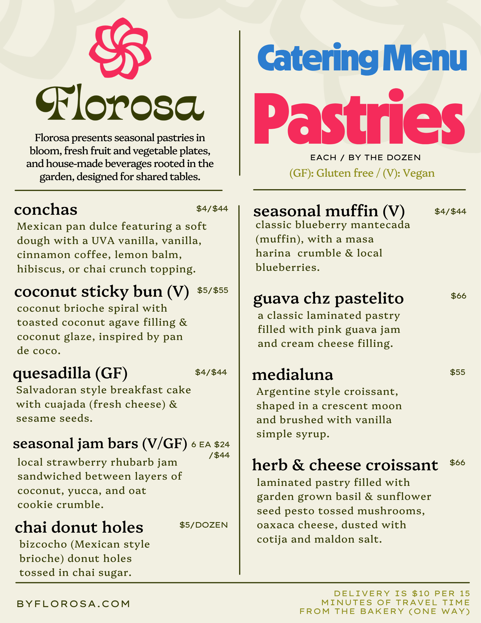 A dining menu from Florosa featuring seasonal pastries, cakes, and savory items with descriptions and prices, including gluten-free and vegan options.