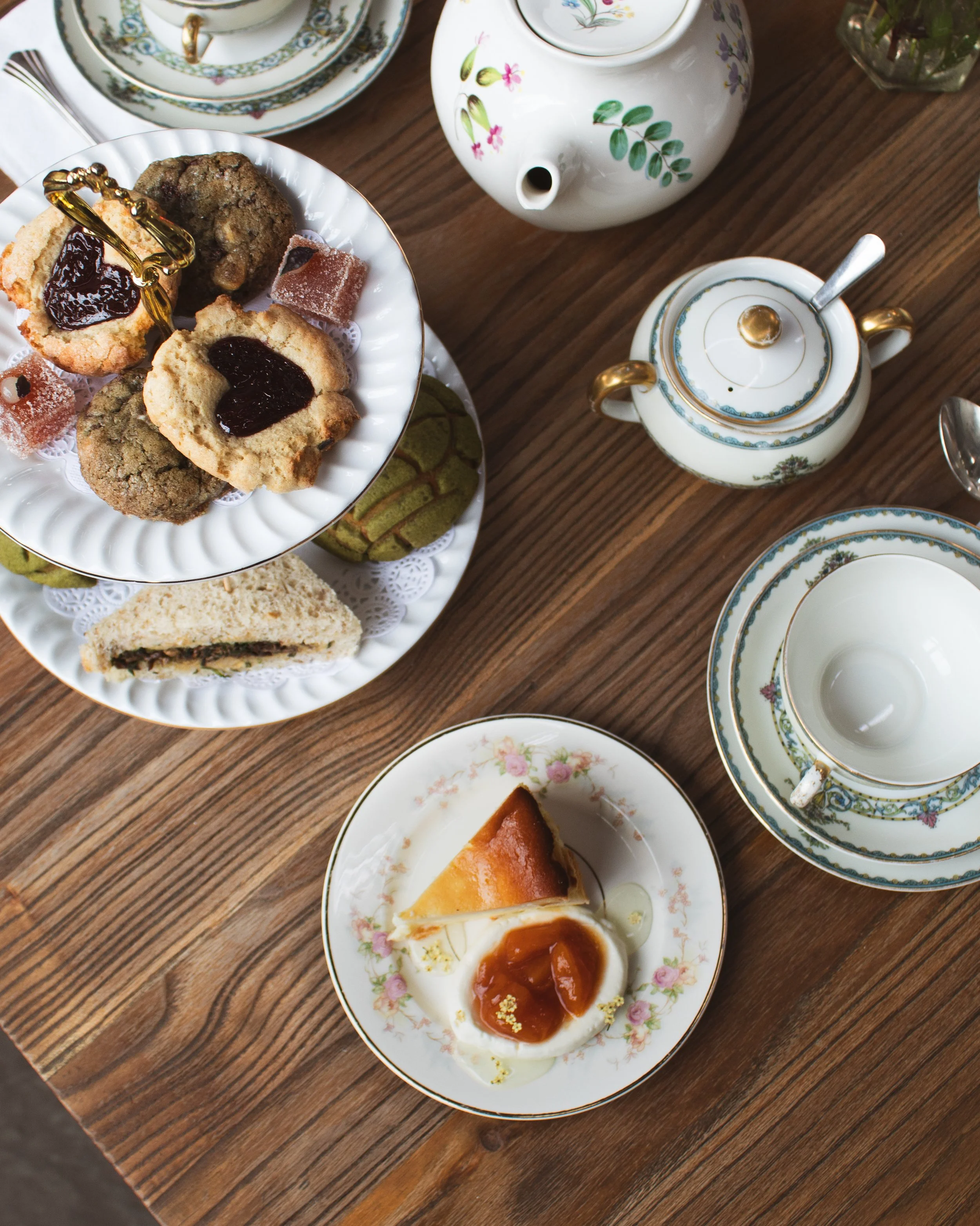 Tea Party tiers with tea snacks and tea sandwiches, as well as a plated dessert
