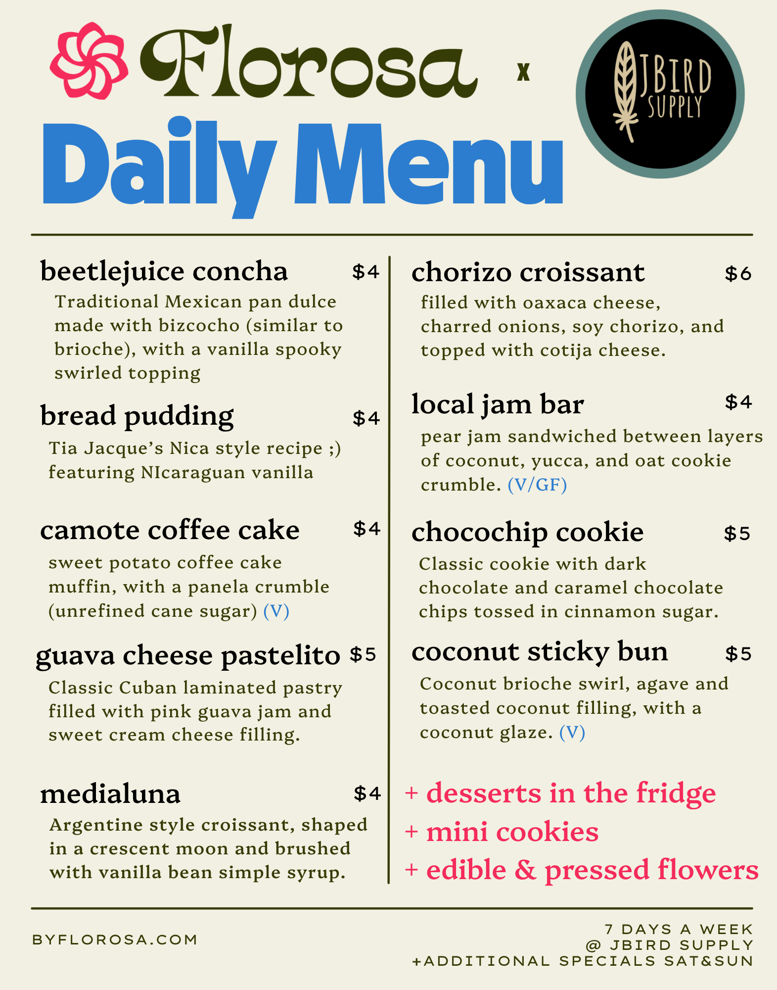 The Florosa menu at JBird Supply in Charlottesville, VA which includes gluten free and vegan options as well as seasonal flavors.