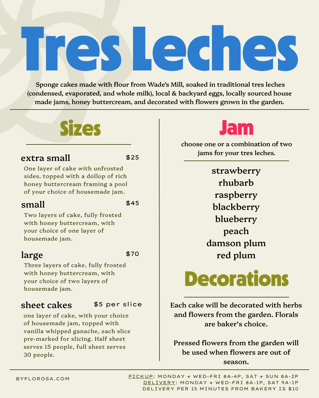 Tres Leches Cake Order details for celebration cakes from Florosa in Charlottesville Virginia 
