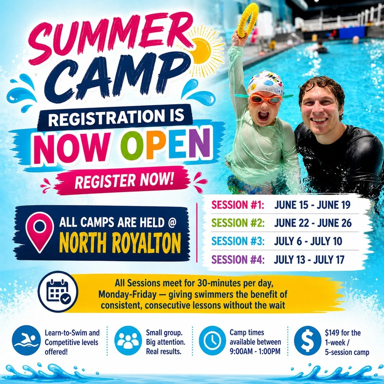 ☀️Looking for a fun, structured way to keep your swimmer progressing this summer? 💦

Our 1-week swim camps are designed to build real skills through consistent, consecutive lessons &mdash; all in a high-energy, supportive environment.

📍 All camps 
