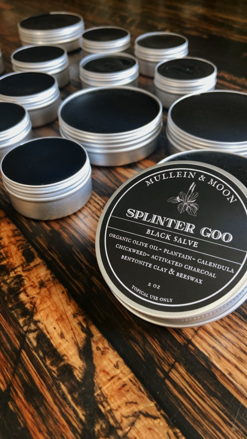 Splinter Goo black drawing salve with calendula, plantain, and chickweed for drawing out splinters, promoting healing, soothing bites, boils, and skin irritation.