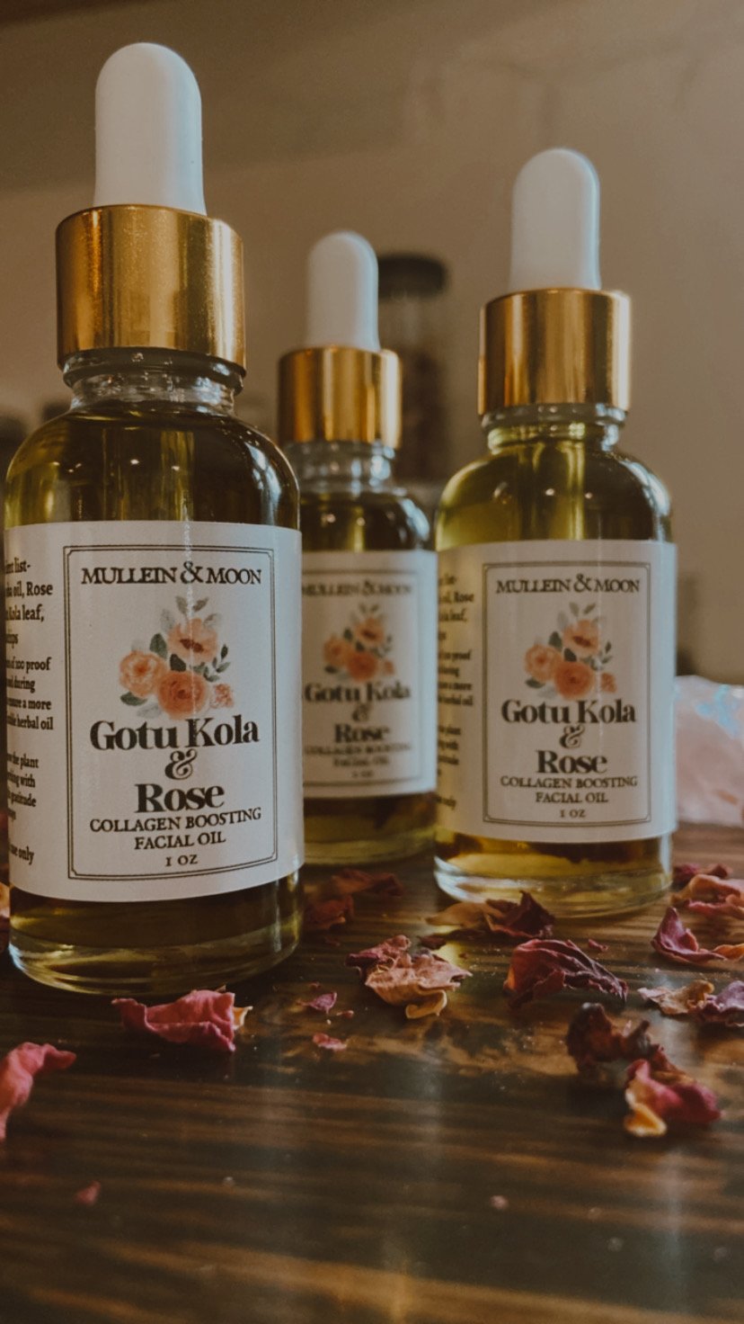 Herbal facial oil with gotu kola and rose for rejuvenating, hydrating skin, reducing fine lines, and promoting a youthful glow