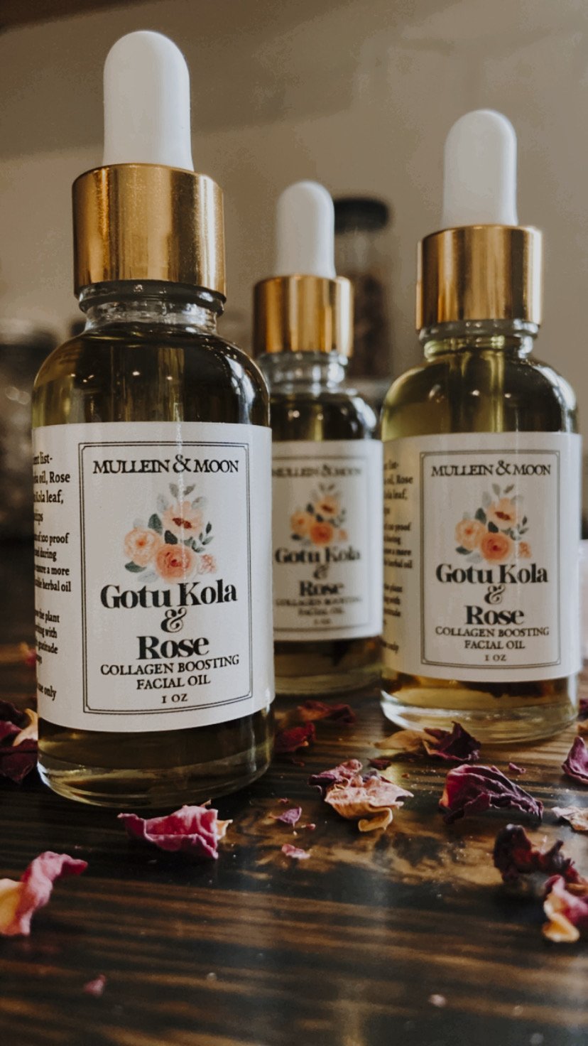 Herbal facial oil with gotu kola and rose for rejuvenating, hydrating skin, reducing fine lines, and promoting a youthful glow