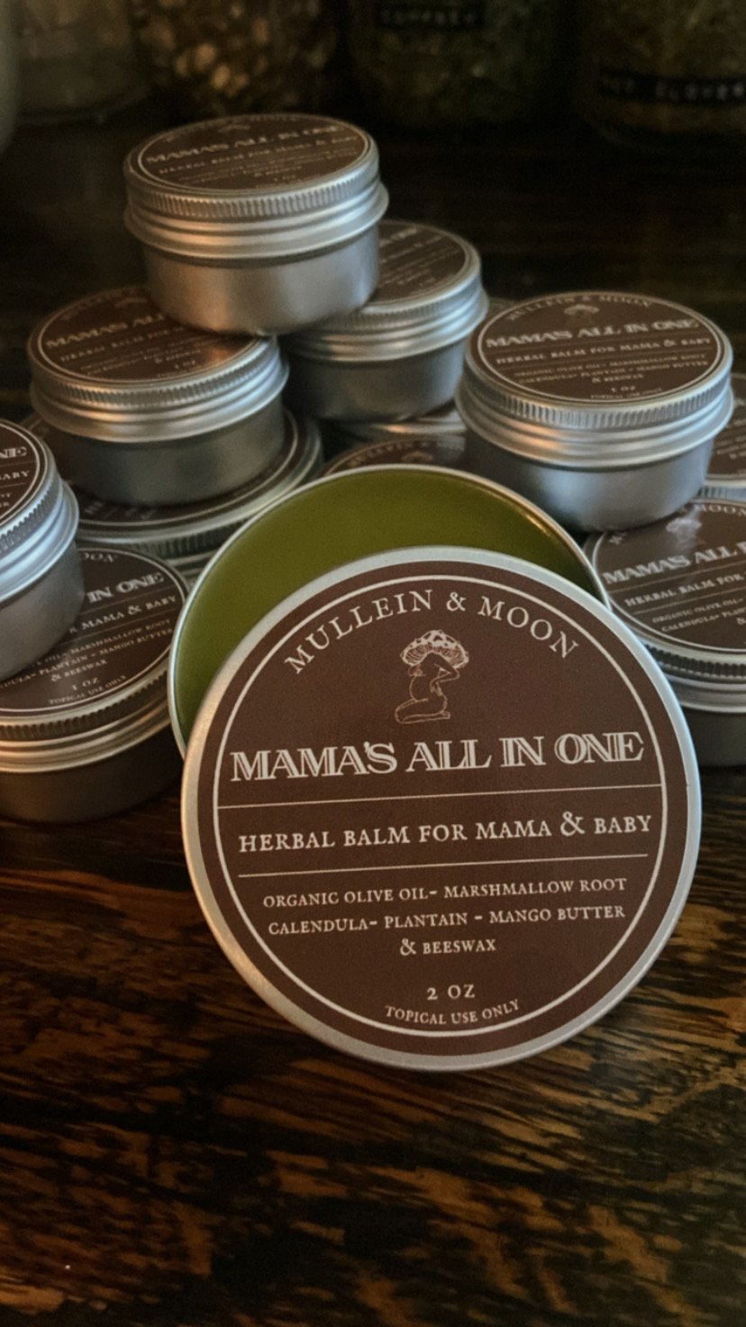 Mama and baby herbal oil salve with calendula, plantain, and marshmallow root for soothing sensitive skin, nipple care, diaper rash, and promoting healing of scarring for both mama and baby.