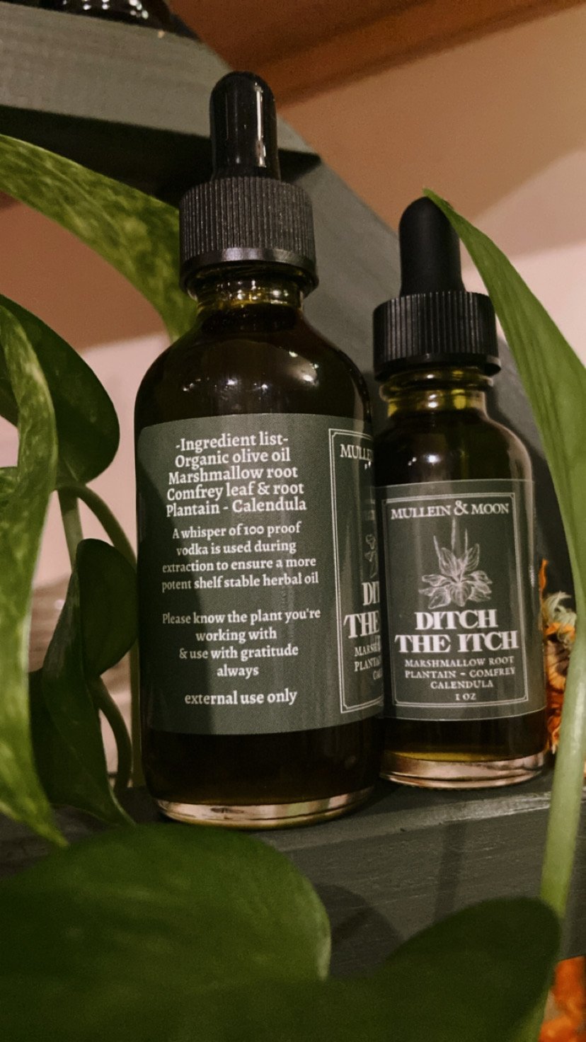 Herbal oil salve 'Ditch the Itch' with marshmallow root, calendula, comfrey, and plantain for soothing eczema, bug bites, and irritated skin.