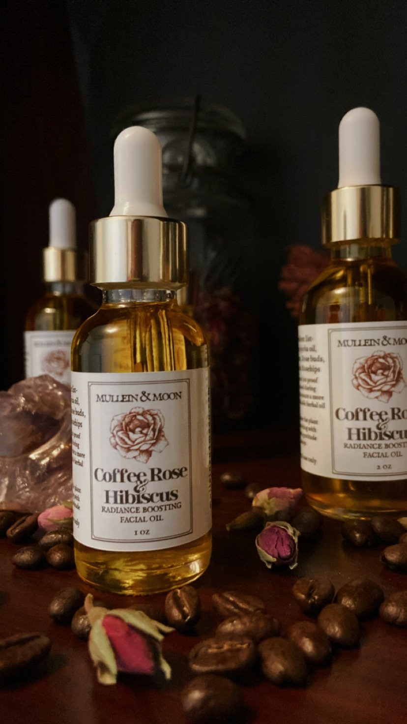 Coffee, rose, and hibiscus facial oil for glowing, hydrated skin with anti-aging and antioxidant benefits