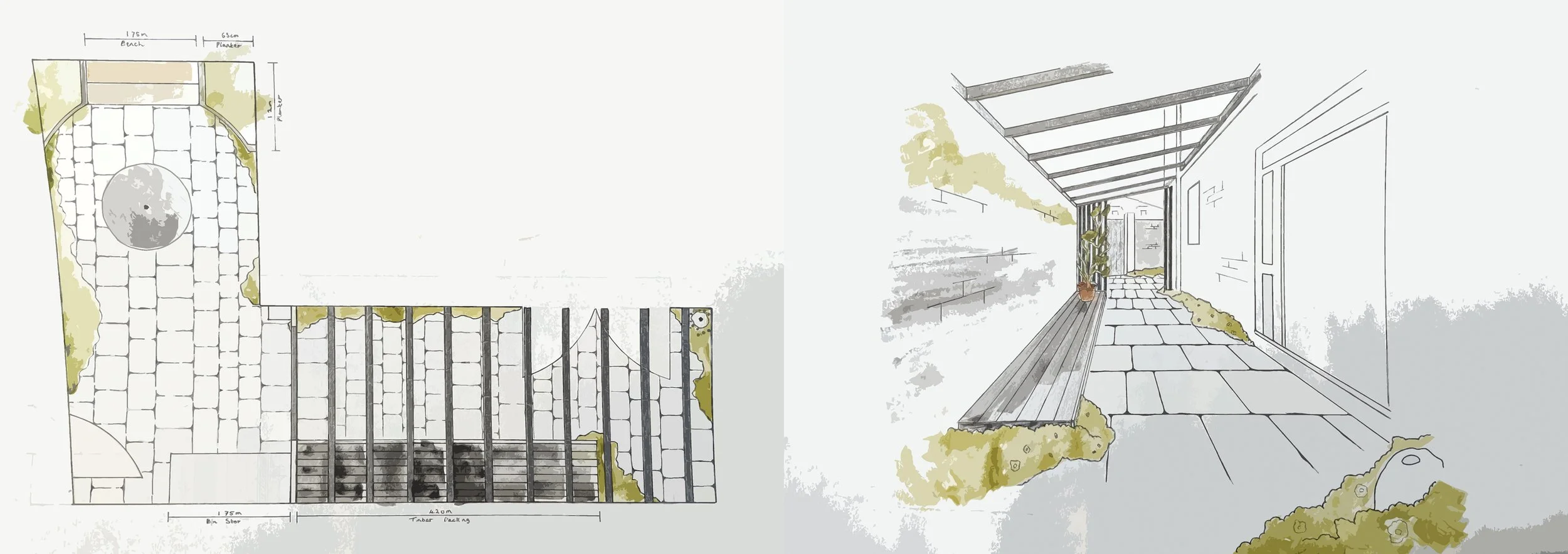 A garden design plan featuring a paved pathway, a circular feature, and garden beds with greenery on the sides, alongside a perspective drawing of a covered porch with potted plants, wooden deck, and stone pathway.