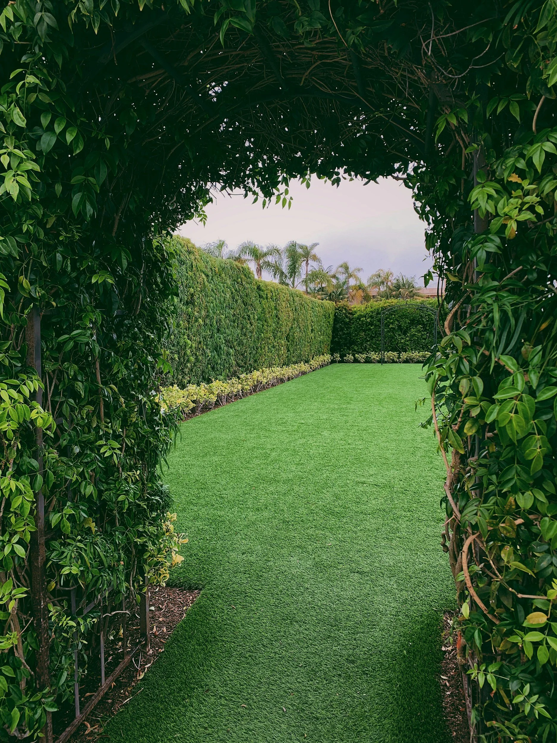 A green garden pathway framed by dense bushes and trees, with palm trees visible in the distance under a cloudy sky.