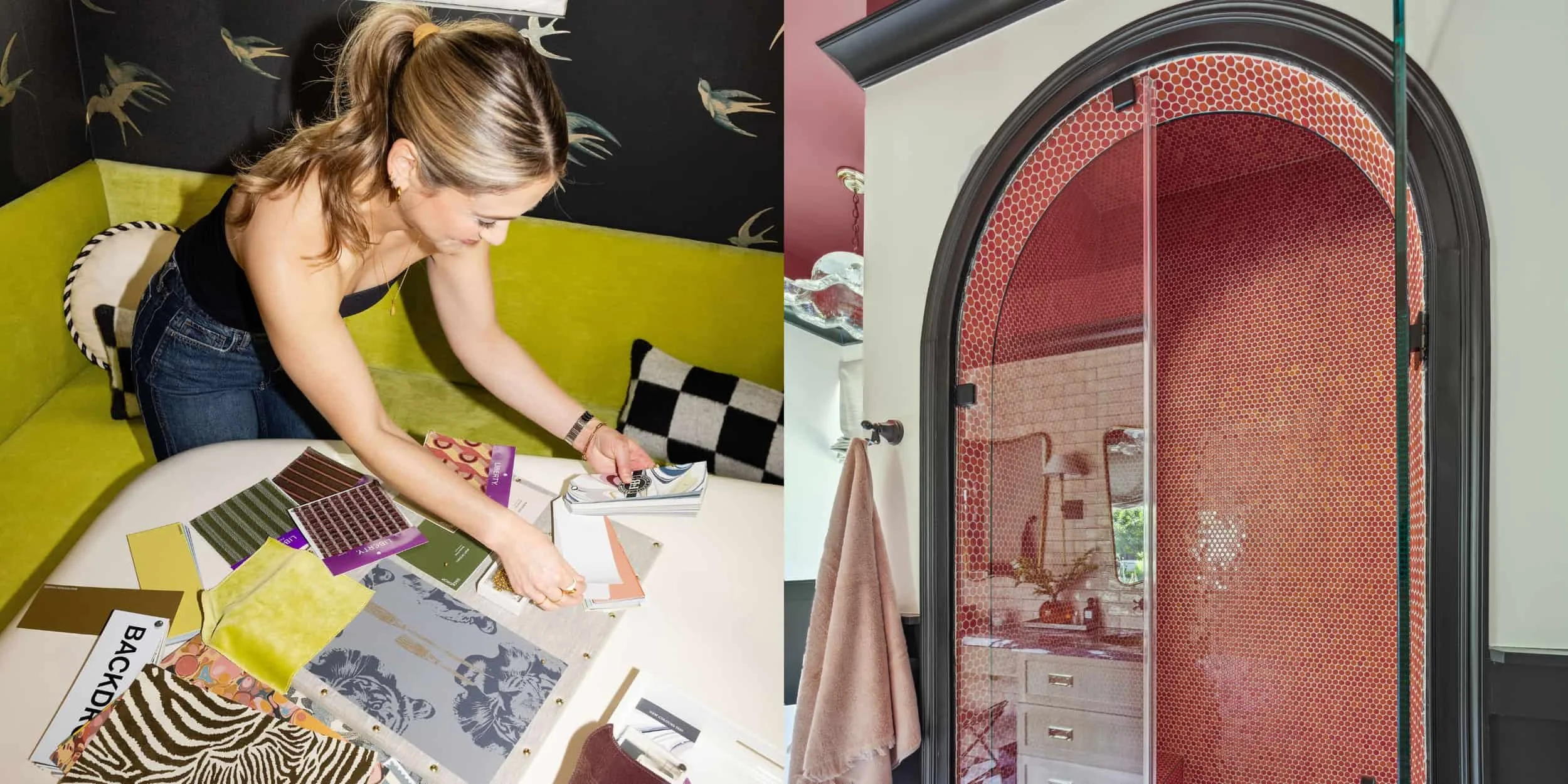 Left, Hannah Goetz selecting fabric and wallpaper samples for a home renovation. Right, the finished arched shower with red penny tile and black trim.