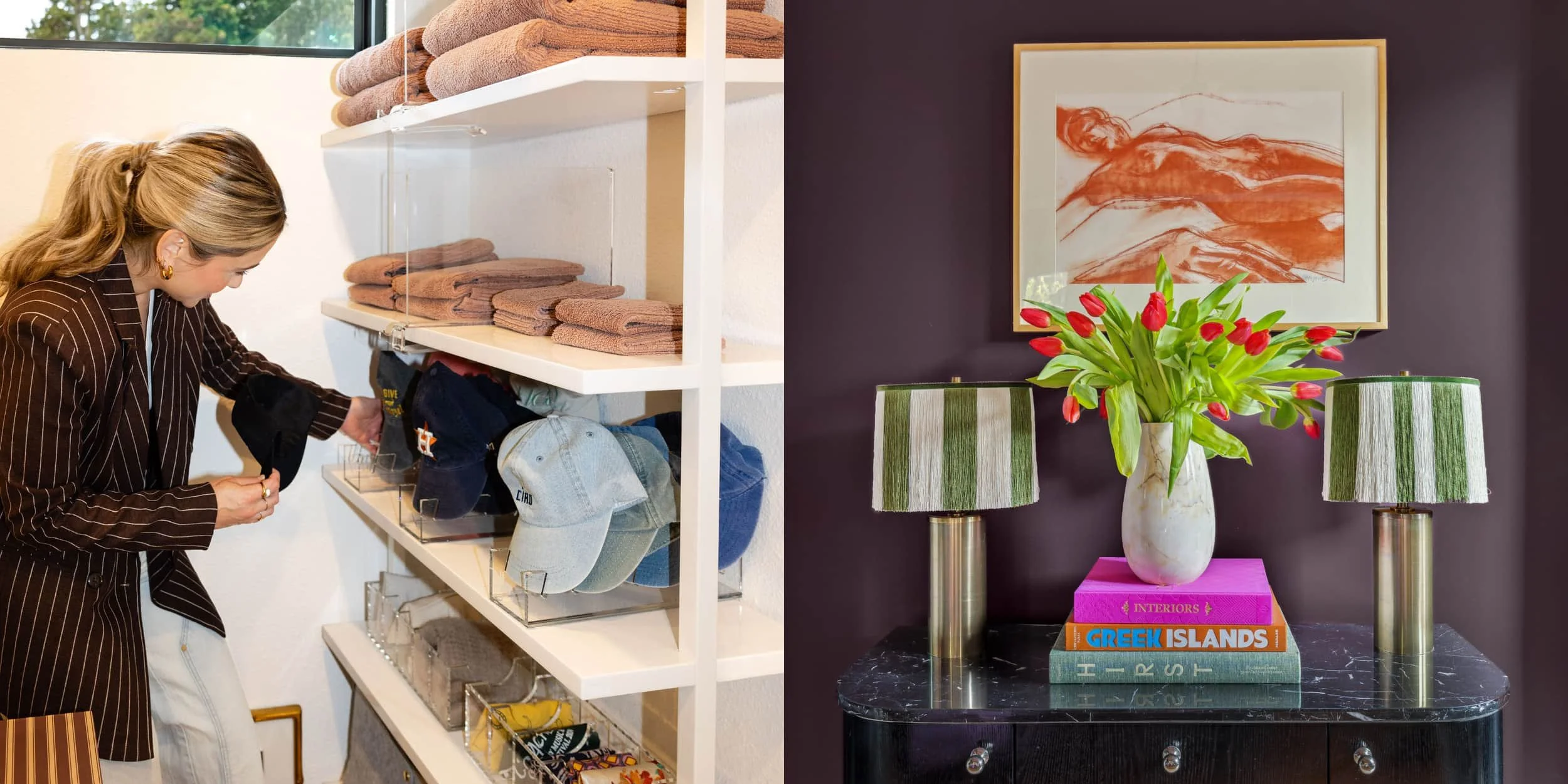 Left, Hannah Goetz organizing baseball caps in acrylic holders on closet shelves. Right, a styled black dresser with striped fringe lamps and red tulips.
