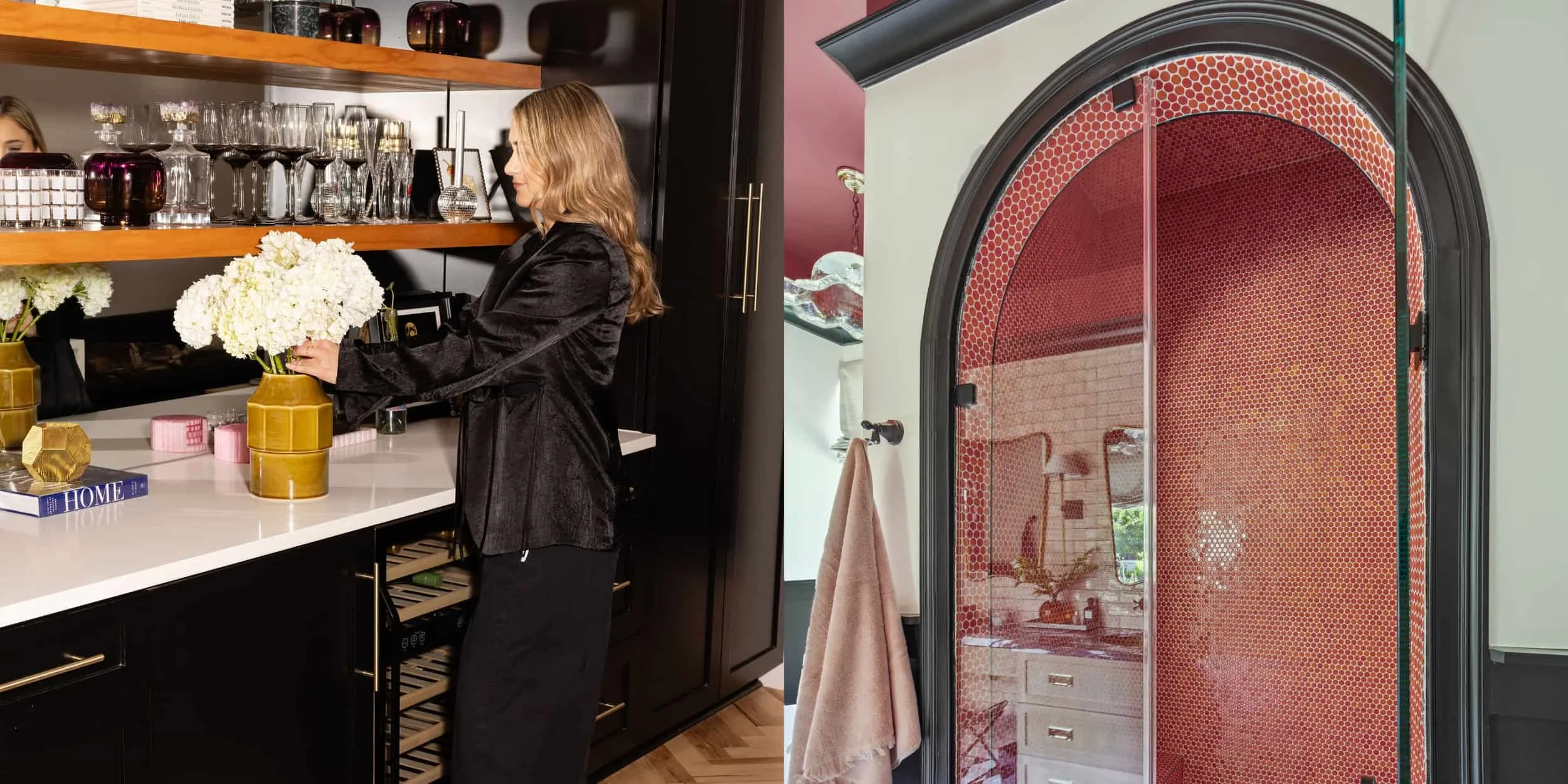 Left, Hannah Goetz styling flowers at a black home bar. Right, an arched walk-in shower with red penny tile and black trim in an Austin bathroom renovation.