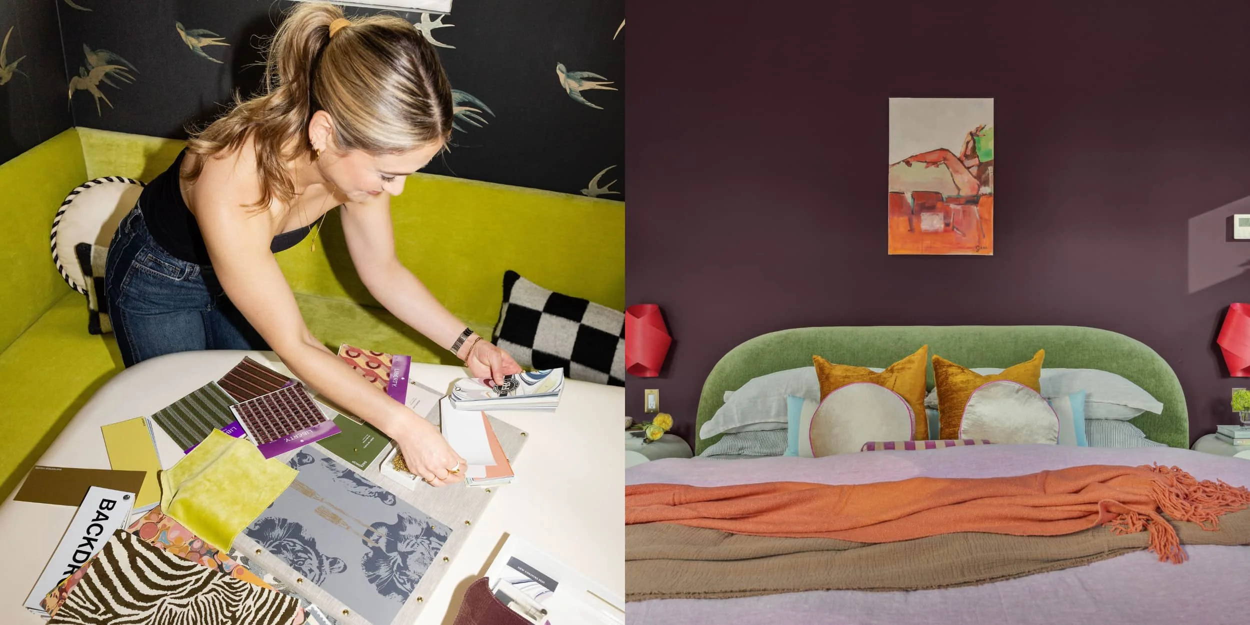 Left, Hannah Goetz choosing fabric and wallpaper samples. Right, the finished colorful bedroom with a green velvet headboard and orange throw.