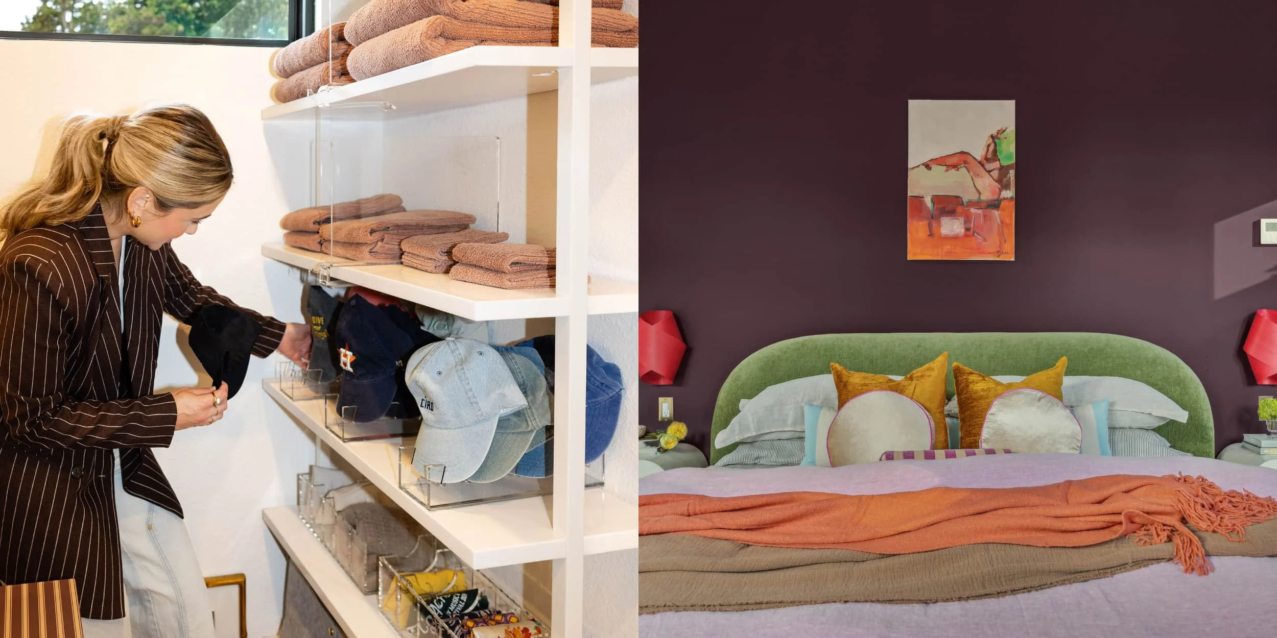 Left, professional organizer Hannah Goetz arranging hats and clothing on white closet shelving. Right, a colorful bedroom with a green velvet bed and red sconces.