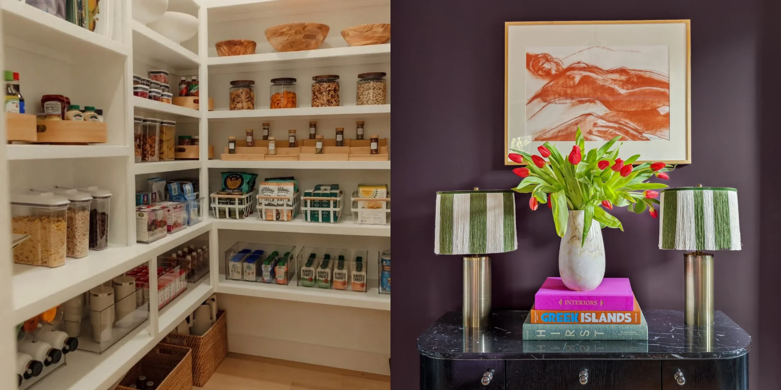 Left, a walk-in pantry organized with clear containers, wood risers and woven baskets. Right, a styled dresser with fringe lamps and red tulips.