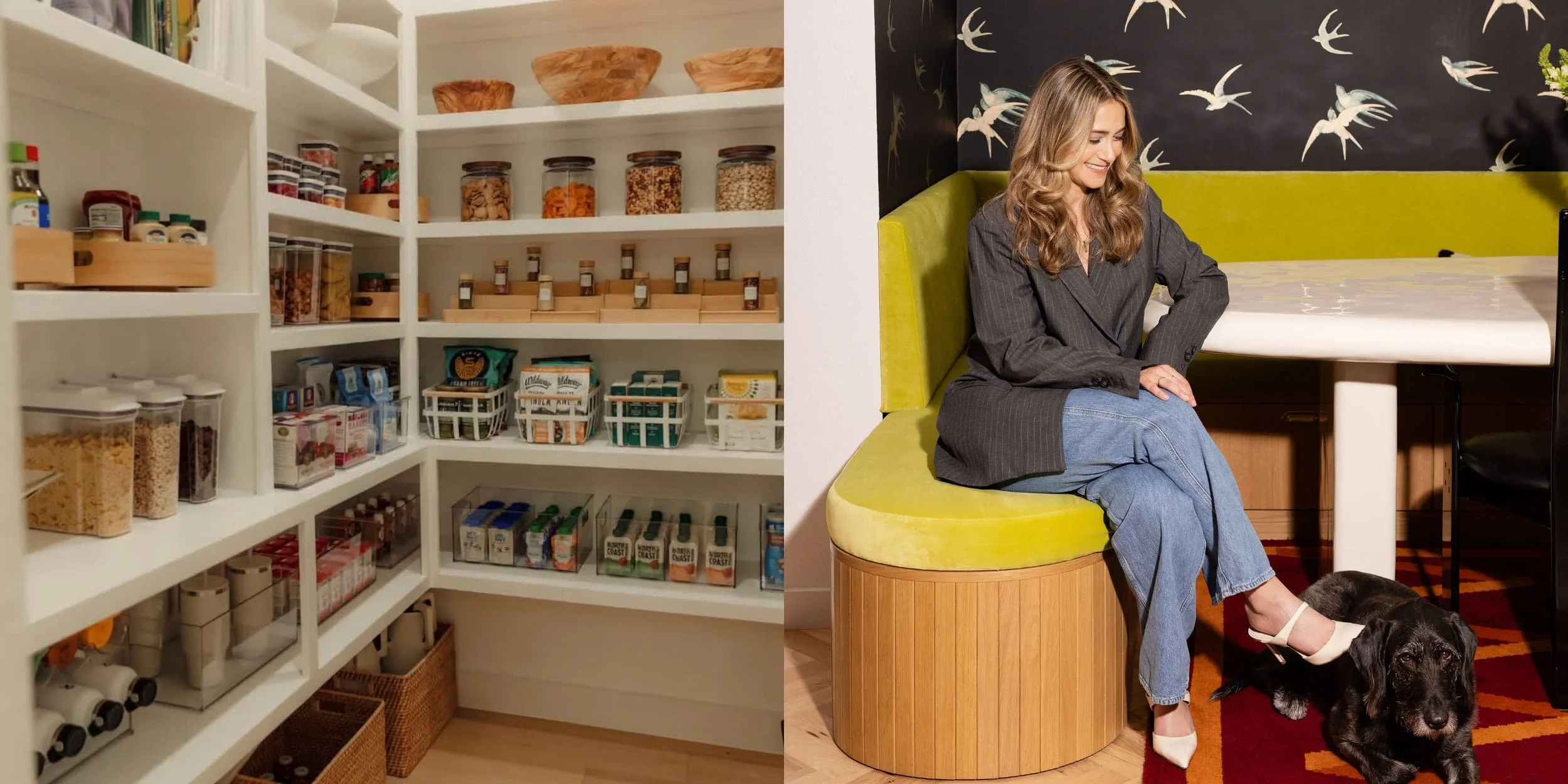 Left, an organized family walk-in pantry with clear canisters, labeled spice jars and snack bins. Right, Hannah Goetz on a chartreuse velvet banquette.