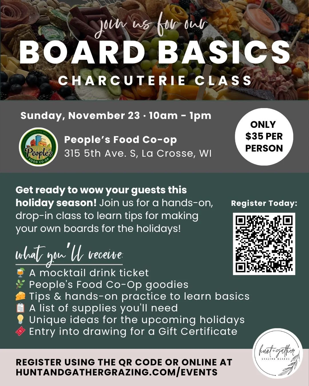 Get ready to wow your guests this holiday season! 🍁🧀☃️ Join our team for a hands-on, drop-in, class where you’ll learn the art of creating beautiful and delicious charcuterie boards. Whether you've taken a Make + Take class with us or just ma